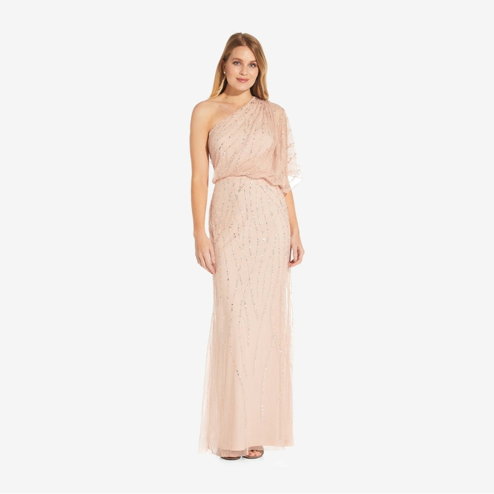 Adrianna Papell One-Shoulder Blush Beaded Gown size 12 - Picture 9 of 9